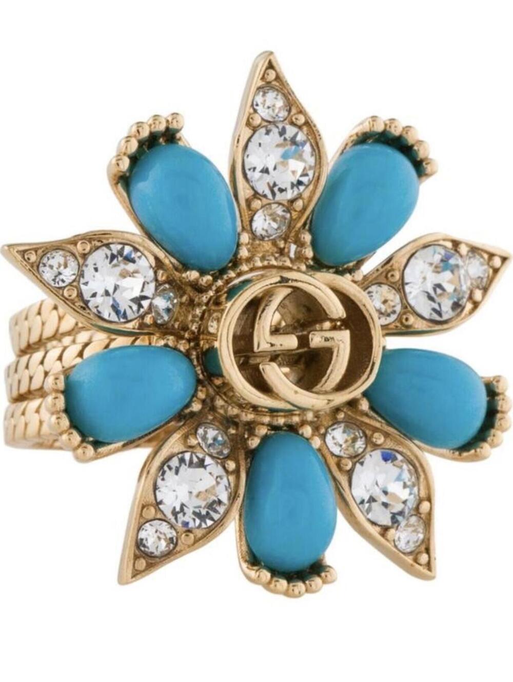 Gucci Crystal & Resin Interlocking GG Flower Ring Blue Gold Tone Size S 6.25